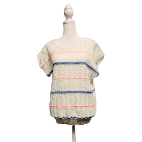 Vintage 80s Open Knit Striped Sweater Shirt Womens Medium Oversized Top - Picture 1 of 10